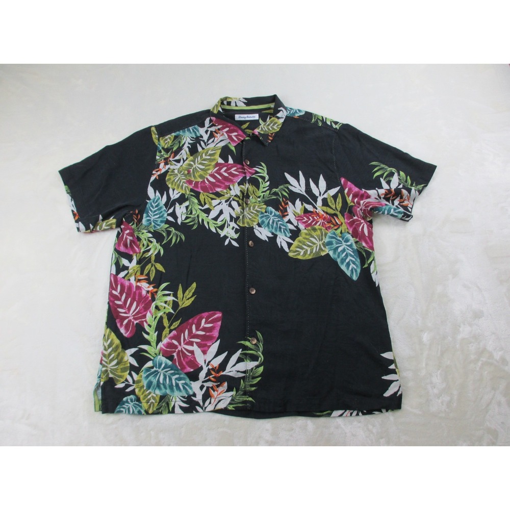 Tommy Bahama Shirt Mens Extra Large Black Floral Silk Button Up Camp Casual*